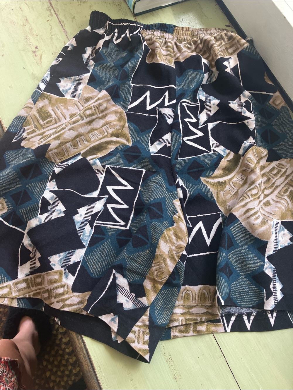 Vintage Geometric Print Circle Skirt - Teal, Black & Tan
